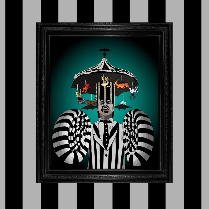 May include: A framed digital art print featuring a man in a black and white striped suit with a carousel on his head. The carousel has various creatures and a bat on top. The background is teal, and the frame is black.