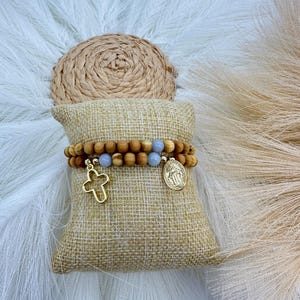 Olive Wood Rosary Wrap Bracelet: Rose Quartz or Aquamarine, Miraculous Mary Charm