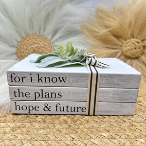Puede incluir: Una pila de tres libros decorativos con las frases "for i know", "the plans" y "hope & future" impresas en los lomos. Los libros son de color gris claro con texto negro, atados con una cinta a rayas y adornados con vegetación.