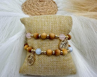 Olive Wood Rosary Bracelet – Miraculous Mary Charm – Rose Quartz or Aquamarine Catholic Jewelry