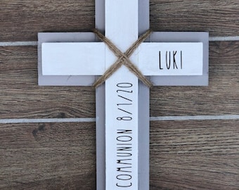 Personalized Rustic Wood Wall Cross – Baptism & First Communion Gift – Christian Nursery Decor – Custom Name Faith Cross