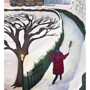 Impresión de bellas artes / Paseo invernal / Arte contemporáneo / Gouache acrílico / Nieve / Ilustración / Paseador de perros / Puesta de sol / Acuarela / Decoración del hogar