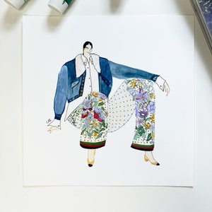 Wydruk artystyczny | Ilustracja modowa | Akwarela | Ilustracja współczesna | Gwasz | Malarstwo modowe | Kurtka dżinsowa | sztuka