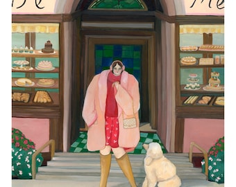 Fine art print | Croissant and Poodle | Fashion Illustration | home decor | art | wall art | Poodle | dessert | bakery | pink green