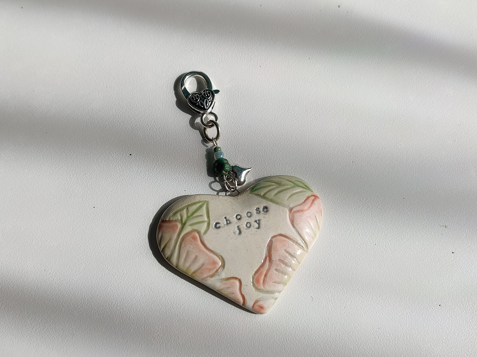 Ceramic Heart Ornament Pendant, Choose Joy Engraved Embossed Floral, Unique Stoneware Pottery ...