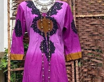 Purple tunic caftan dress ombre cotton  embroidery  vintage robe   ethnic hippy witchy  small
