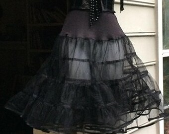 Black taffeta boned gothic victorian crinoline hoop cage skirt decorated with octagon crystals