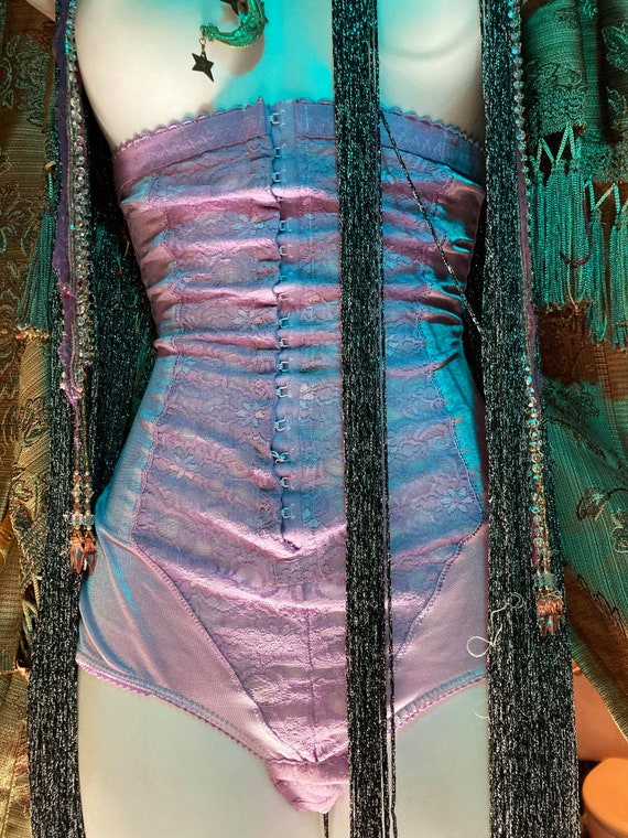 Purple  vintage girdle shaper panty nylon lace ra… - image 5