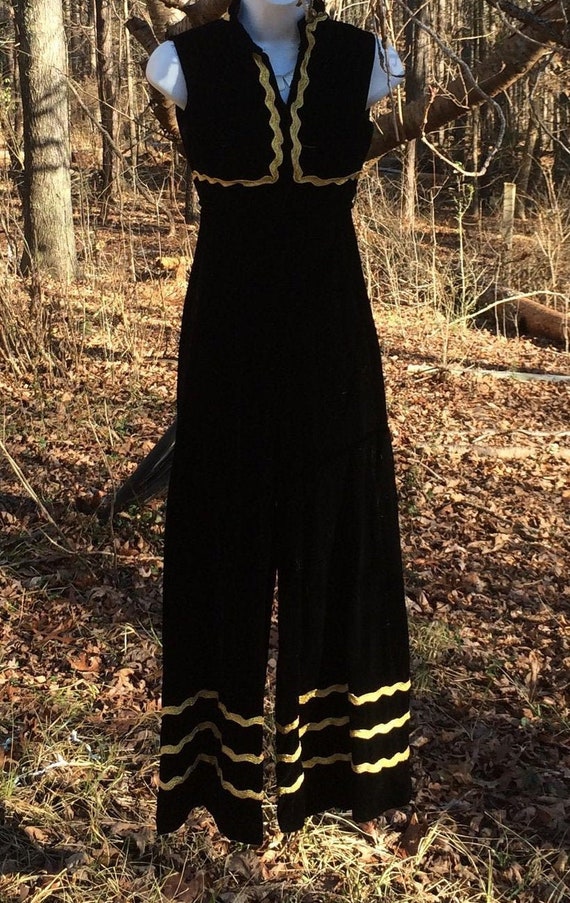Black velvet jumpsuit flare wide leg gold embroide