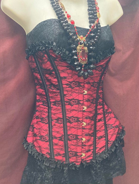 Black red corset satin lace vintage   gothic noir… - image 1