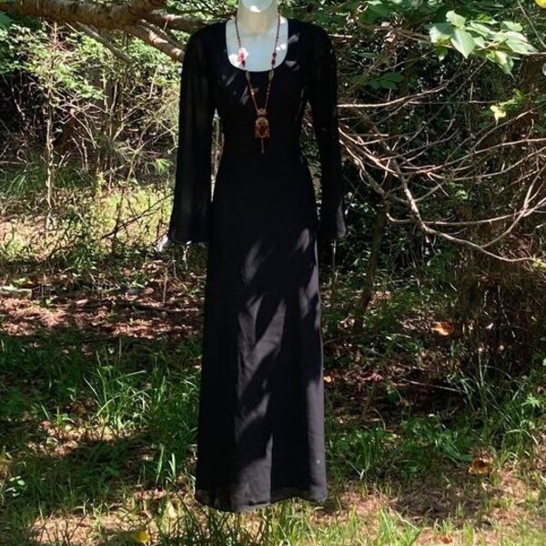 Black witch dress  maxi chiffon floaty sleeves  vintage witch gothic noir vamp femme fatale small