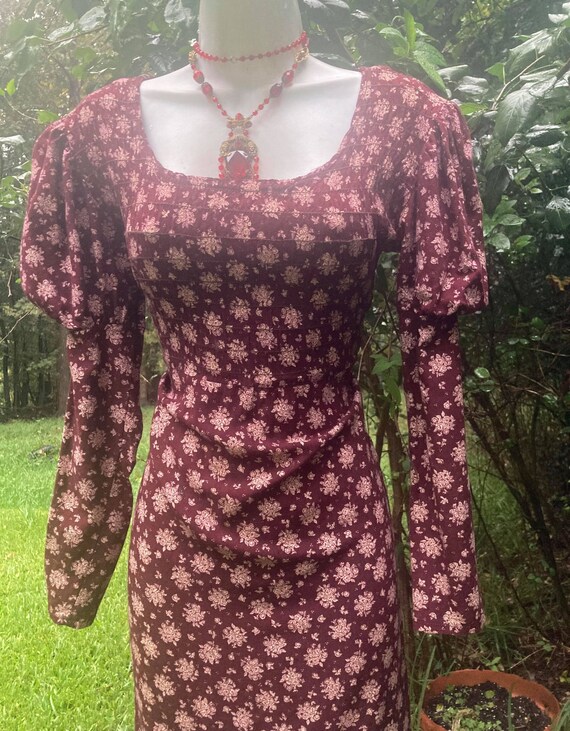 Burgundy peasant dress cotton puff sleeve vintage wit… Gem