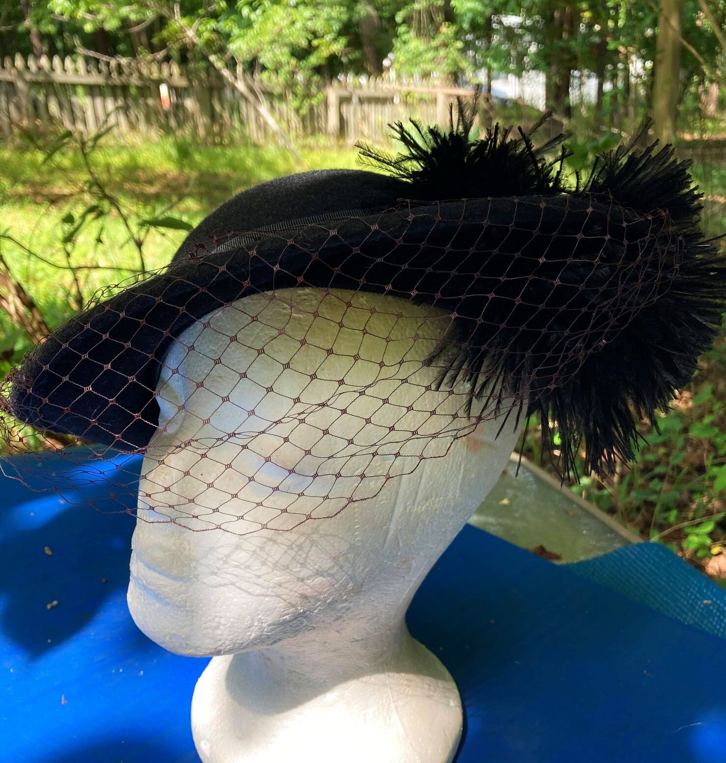 Black Net Hat Vintage Felt Wool Veil 