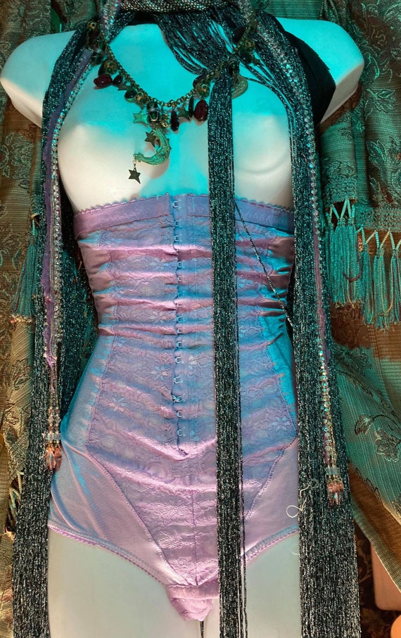 Purple  vintage girdle shaper panty nylon lace ra… - image 2