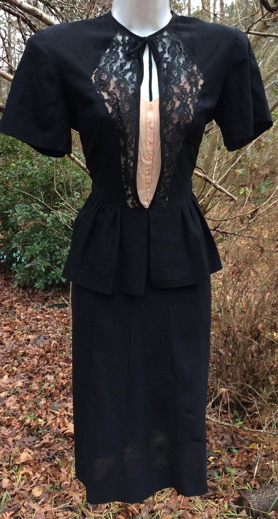 Black 40s dress vintage crepe lace gothic noir va