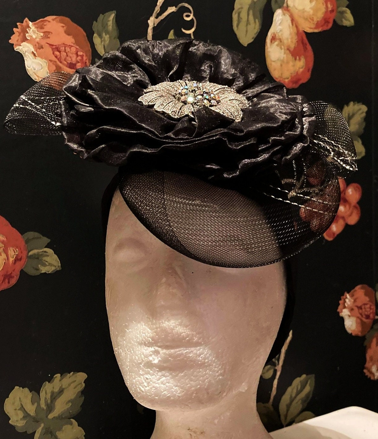 Black Net Hat Rose Flower Fascinator Vintage Netting 50's Etsy