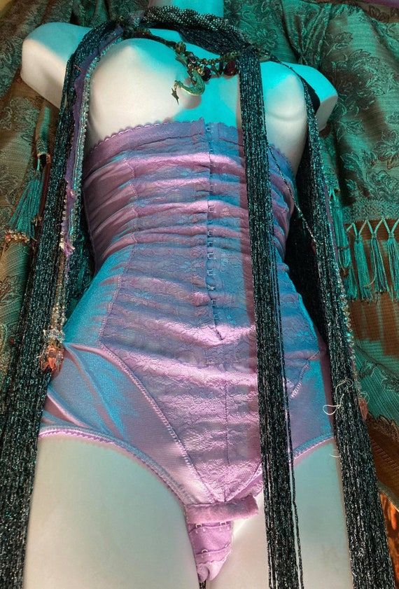 Purple  vintage girdle shaper panty nylon lace ra… - image 4