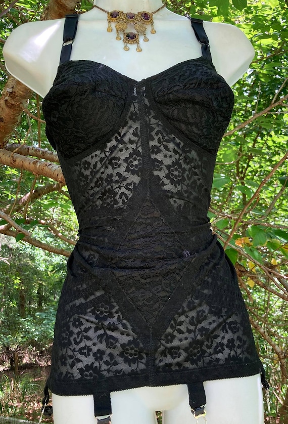 Black Vintage Girdle Shaper Dress Nylon Lace Garters Vintage Gothic Noir  Vamp Witch Small 34B 34C 