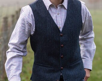 Men's Classic Scottish Harris Tweed Midnight Blue Waistcoat for any Occasion- Groomsmen, Dresswear, Golf