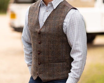 Men's Classic Scottish Harris Tweed Brown Waistcoat for any Occasion- Groomsmen, Dresswear, Golf