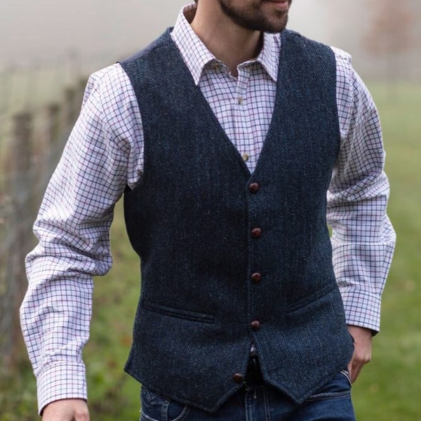 Men's Classic Scottish Harris Tweed Midnight Blue Waistcoat for any Occasion- Groomsmen, Dresswear, Golf