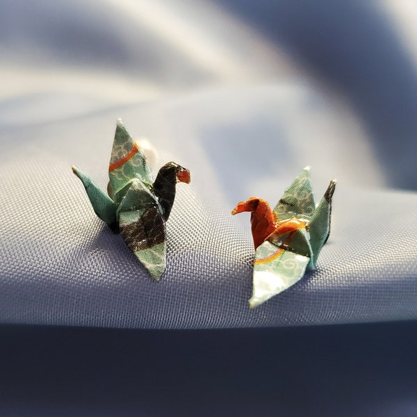 Minature Teal Orange Koi Origami Crane Studs, Tiny Origami Crane Studs, Mini Bird Origami Posts, Subtle Earrings, Gift for Her