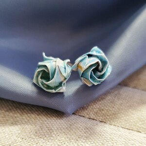 Origami Kawasaki Half Bloom Rose Stud Earrings, Pastel Ice Blue Cotton Candy Minature Rose Earrings, Japanese Washi Paper Studs