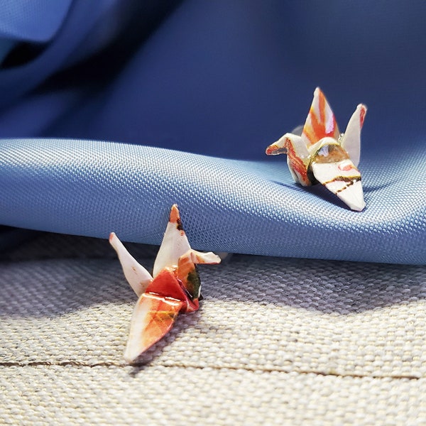 Minature White Orange Watercolor Origami Crane Studs, Tiny Origami Crane Studs, Mini Bird Origami Posts, Subtle Earrings, Gift for Her