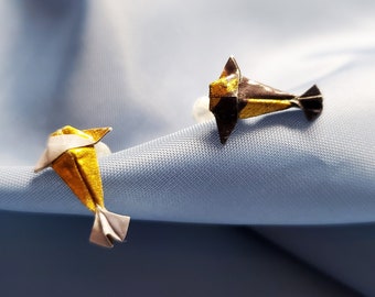 Mini Origami Koi Studs, Tiny Origami Fish Origami Posts, Elegant Japanese Washi Paper Fish Studs, Gold Black White Ying Yang Koi Studs
