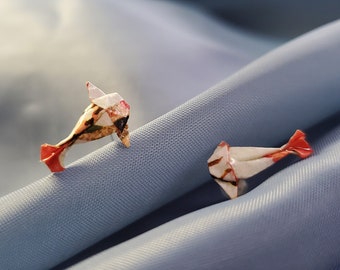 Mini Origami Koi Studs, Tiny Origami Fish Origami Posts, Elegant Japanese Washi Paper Animal Studs, White Red Flowers Carp Studs