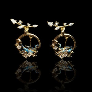 Gold-plated Tiny Fantasy Earth Nature Dragon Earrings, Druid DnD Wreath Dragon Earrings, Origami Washi Paper Dragon Jewelry,