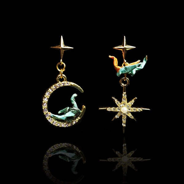 Gold-Plated Tiny Asymmetrical Moon Star Origami Dragon Earrings, Fantasy Celestial Dragon Perched on Moon Earrings, Washi Paper Jewelry,