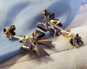 Gold Washi Paper Threader Earrings Elegant Insect Earrings Asymmetrical Black Gold Waves Triple Swallowtail Butterfly Threader Earrings