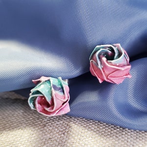 Origami Kawasaki Half Bloom Rose Stud Earrings, Blue Pink Cotton Candy Minature Rose Earrings, Japanese Washi Paper Studs