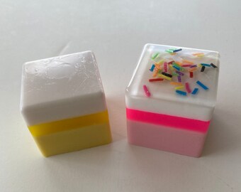 Petit Four Looking Soap Cube Pink/White or Yellow/White, Cake Soap, Candy Soap, Food Soap, Cookie Soap, Petit Four Soap, Layered Soap