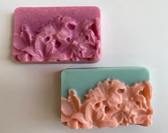 Floral Rectangular Soap Bar Pink w/Glitter or Green w/Peach, flower soap, Gift for Her, Two tone soap, Glitter Soap, Lily Soap, Body Wash