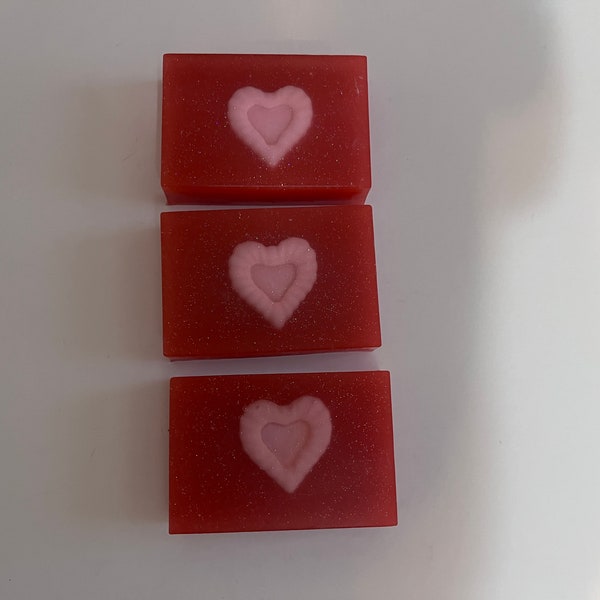 Heart Red Bar Soap w/Embedded Pink Heart and Glitter Scented in Cotton Candy, Valentine's Day Soap, Gifts for Her, Heart Soap, Spa Soap