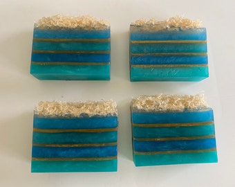 ONLY ONE LEFT Gold Rush Blue and Teal Soap, Striped Soap, Layered Soap, Bathroom Decor, Gold Soap, Wedding Favor Soap, Scented w/ Patchouli