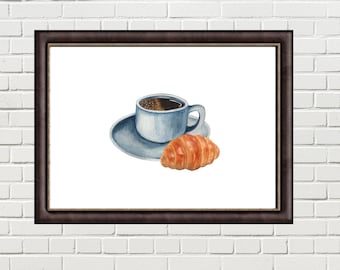 Impresión de cocina con acuarela de café y croissant