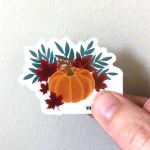 Pumpkin and Maple Leaf Fall Sticker – Clear Die-Cut Weatherproof Decal - Handmade Autumn Sticker | East Ave Art