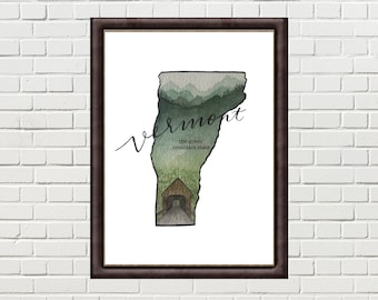 Lámina artística de acuarela de Vermont / Souvenir del estado de la Montaña Verde