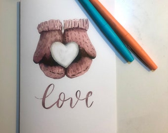 Heart-shaped Snowball + Mittens Valentine's Greeting Card | Watercolor Greeting Card | Valentine Card | East Ave Art