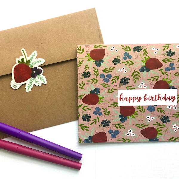 Strawberries and Florals Birthday Card for her with matching sticker | Hand Lettered Birthday Card Pattern | East Ave Art