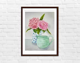 Pintura de acuarela de peonía / Estampado botánico / Arte de pared floral rosa / Arte de East Ave