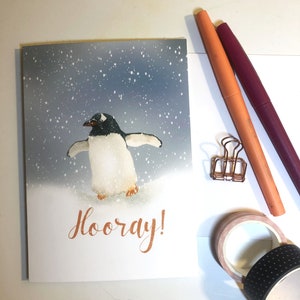 Happy Penguin's "Hooray" Greeting Card | Watercolor Greeting Card | Celebration Card | EastAveArt
