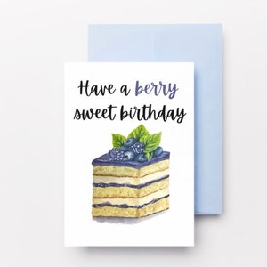 Cartão de aniversário com bolo de frutas vermelhas | Cartão de aniversário em aquarela | Cartão de felicitações feito à mão