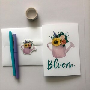 Bouquet floral aquarelle en carte de voeux arrosoir vintage avec autocollant assorti | Carte gaie | EastAveArt