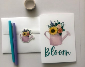 Floral Watering Can Greeting Card with Sticker: Cheerful Watercolor Bouquet