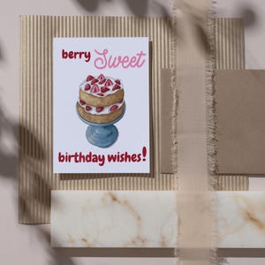 Erdbeer Geburtstagstorte Karte | Niedliche Erdbeer Grußkarte zum Geburtstag | Rosa Dessert-Themed Karte für Sie | Süße Erdbeere Geschenk