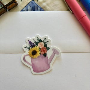 Watercolor Watering Can with Flowers Sticker | Handmade, Weatherproof Vinyl Floral Decal for Laptops, Journals, and Water Bottles